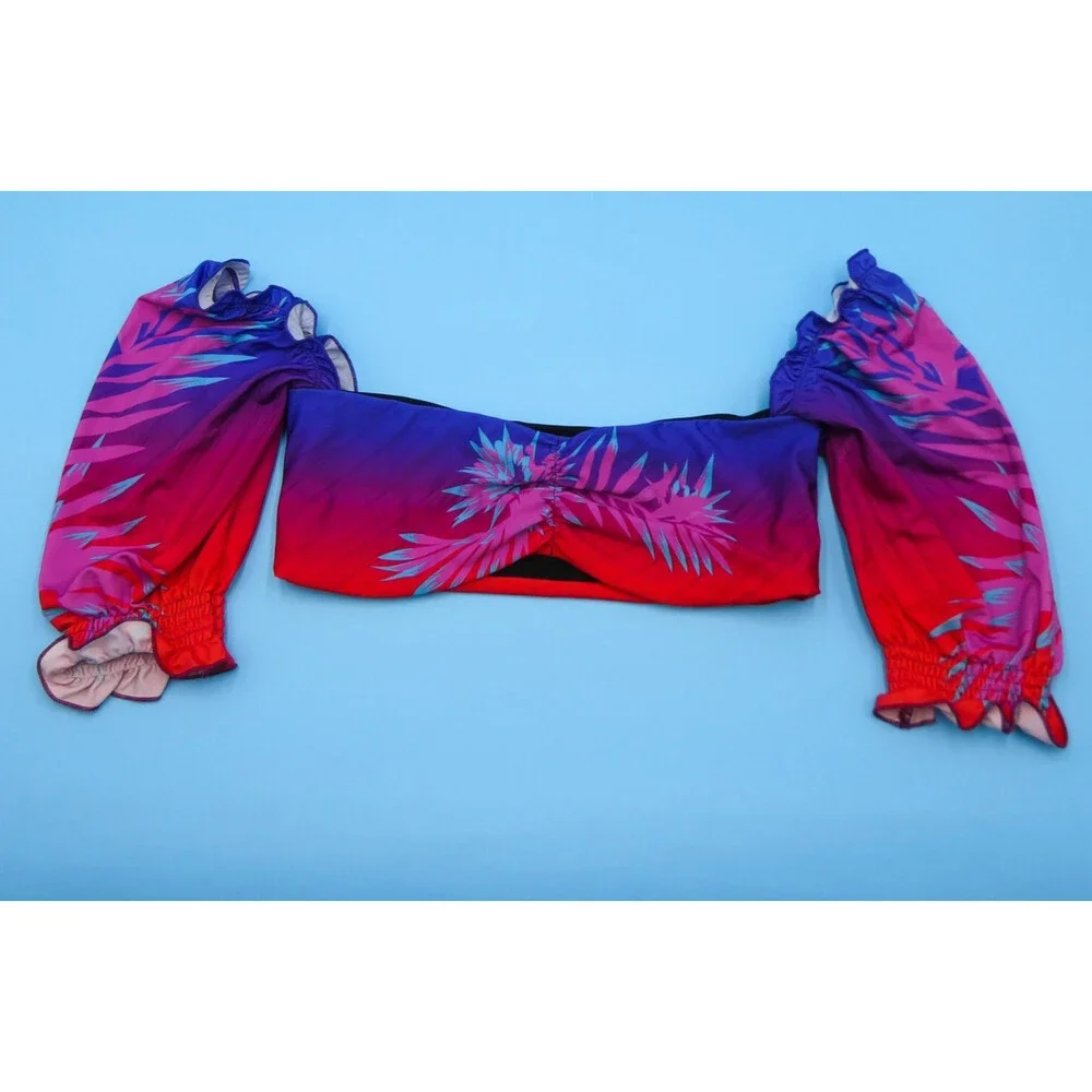 B Fyne XL Blue Red Floral Off The Shoulder‎ Ruffle Cropped Bikini Top Swimwear